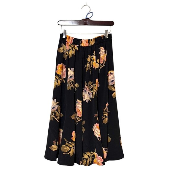 Vtg Sharon Anthony Petite 8 Black Floral Elastic Waist Midi Skirt Made In USA - Picture 2 of 7